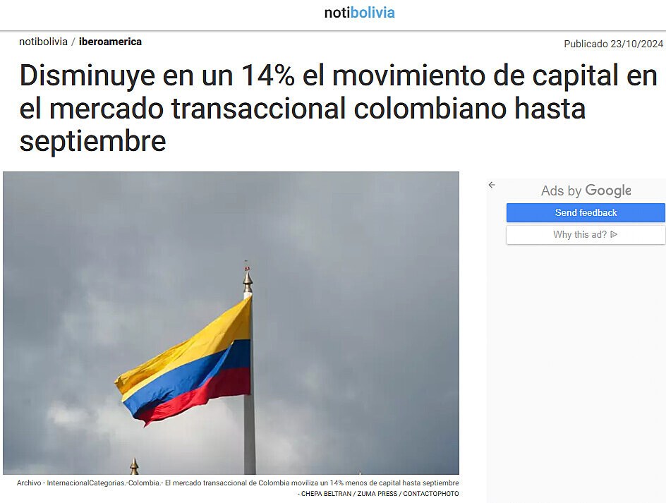 Disminuye en un 14% el movimiento de capital en el mercado transaccional colombiano hasta septiembre